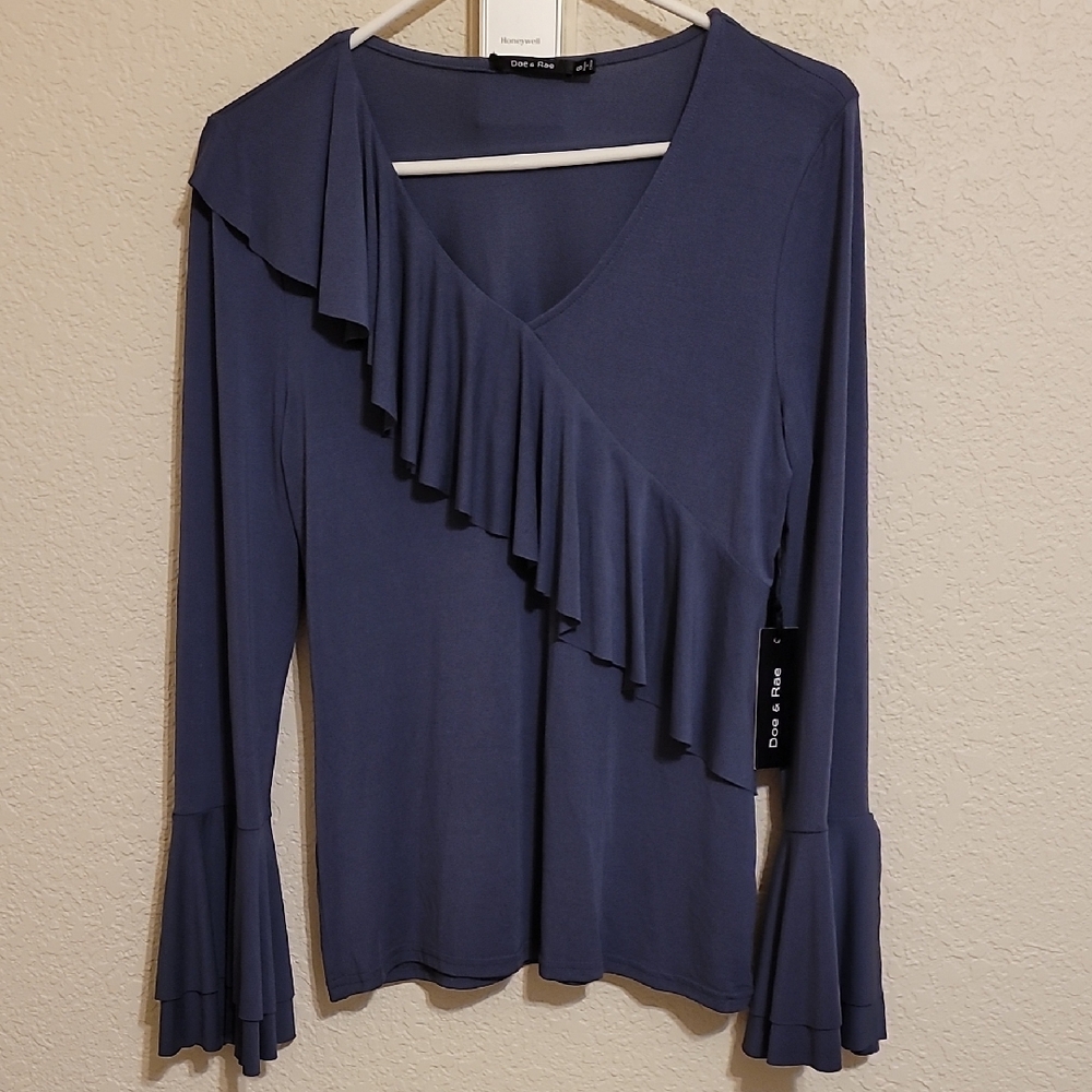 Blue Asymmetrical Ruffled 3/4 Sleeve Blouse